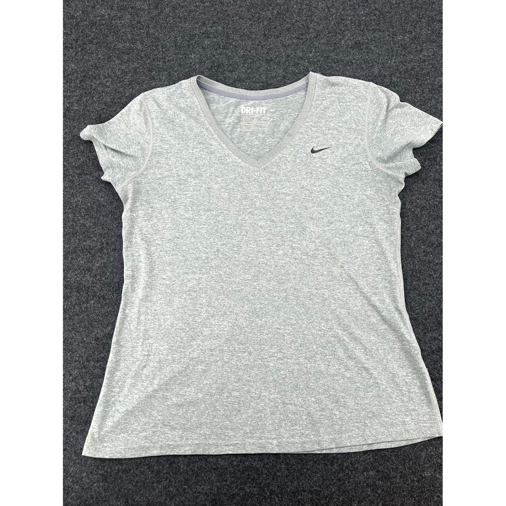 Nike Dri Fit T Shirt Womens Large Heather Gray Logo Regular Fit V Neck Athletic